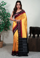 Yellow with Black Border Ikkat Saree With Blouse Piece