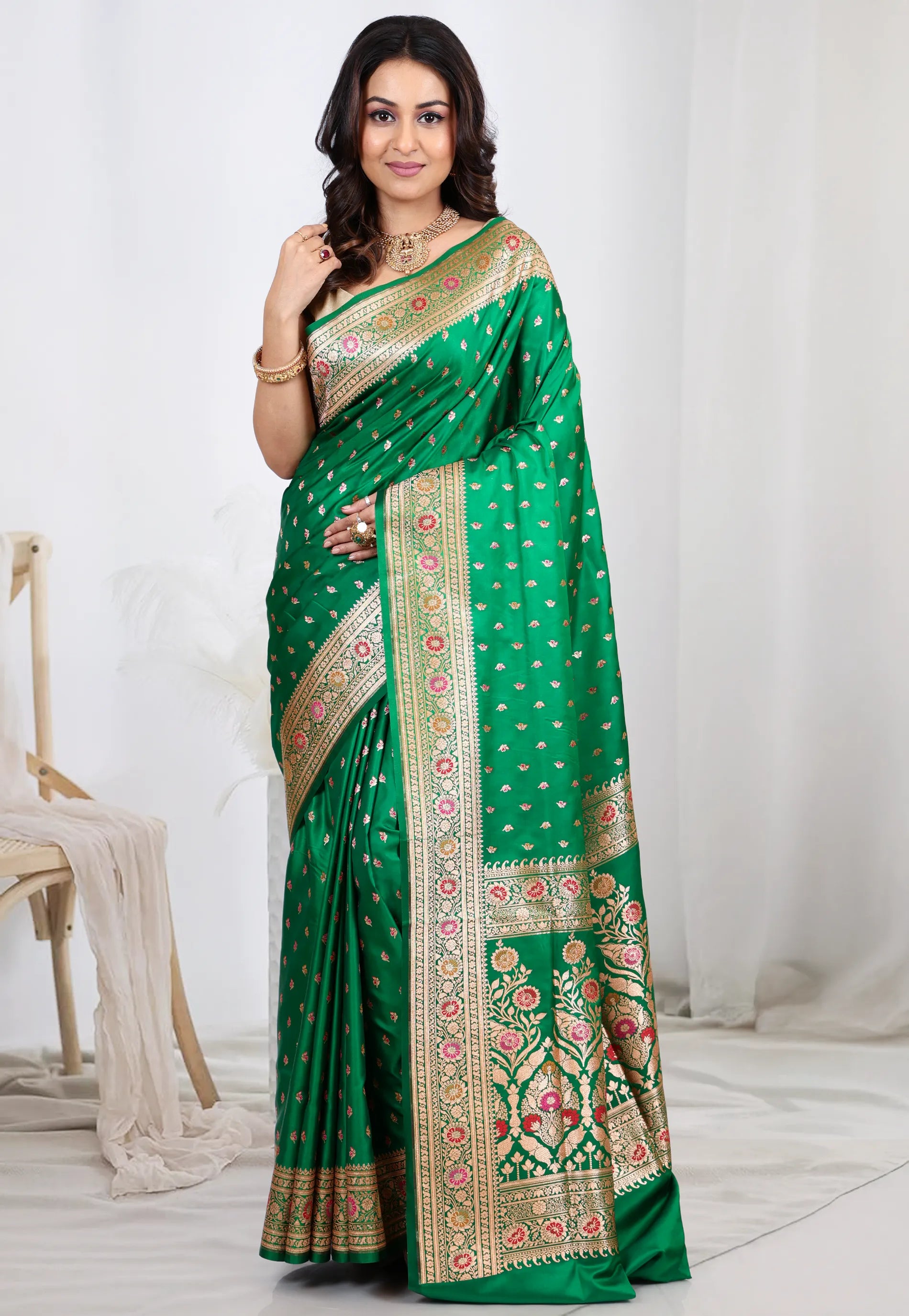 Bottle Green Wedding Banarasi Silk Saree with Blouse Piece - Adi Akshoy & Co