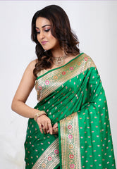 Bottle Green Wedding Banarasi Silk Saree with Blouse Piece - Adi Akshoy & Co