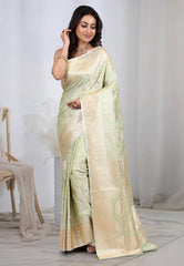 Pastel Green Banarasi Saree With Blouse Piece  - Adi Akshoy & co.