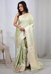 Lime Green Pastel Banarasi Saree With Blouse Piece - Adi Akshoy & co.