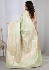 Lime Green Pastel Banarasi Saree With Blouse Piece - Adi Akshoy & co.