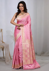 Pastel Pink Banarasi Saree With Blouse Piece - Adi Akshoy & co.