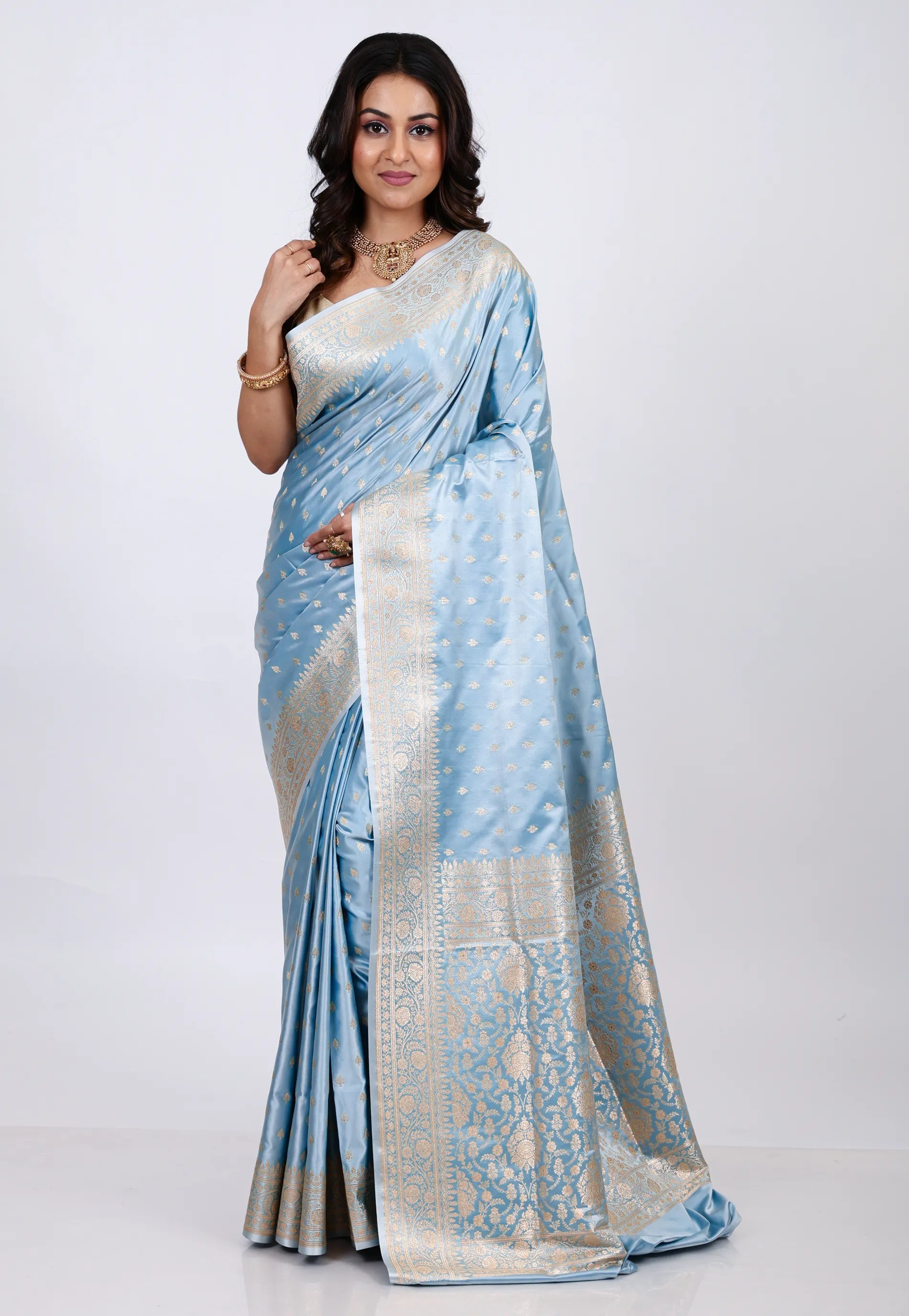 Pastel Sky Blue Banarasi Saree With Blouse Piece - Adi Akshoy & co.