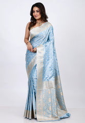Pastel Sky Blue Banarasi Saree With Blouse Piece - Adi Akshoy & co.