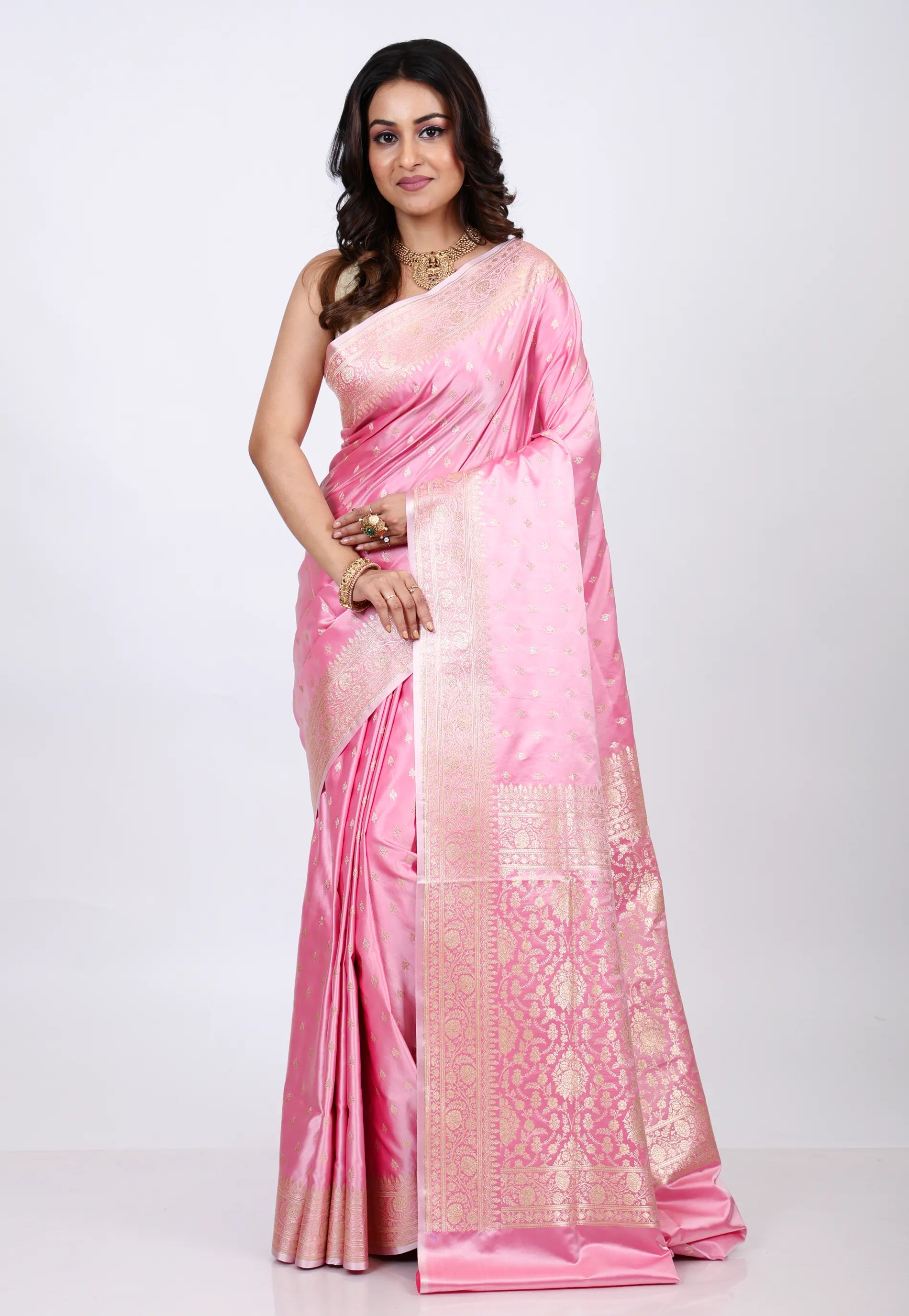 Pastel Pink Banarasi Saree With Blouse Piece - Adi Akshoy & co.