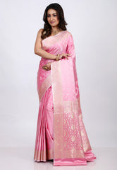 Pastel Pink Banarasi Saree With Blouse Piece - Adi Akshoy & co.