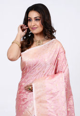 Pastel Pink Banarasi Saree With Blouse Piece - Adi Akshoy & co.