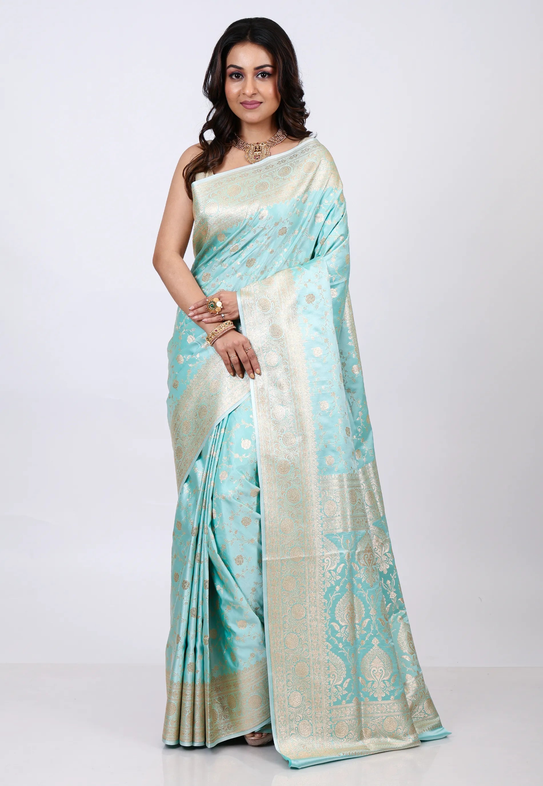 Sea Green Pastel Banarasi Saree With Blouse Piece - Adi Akshoy & co.