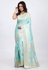 Sea Green Pastel Banarasi Saree With Blouse Piece - Adi Akshoy & co.