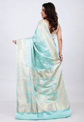 Sea Green Pastel Banarasi Saree With Blouse Piece - Adi Akshoy & co.