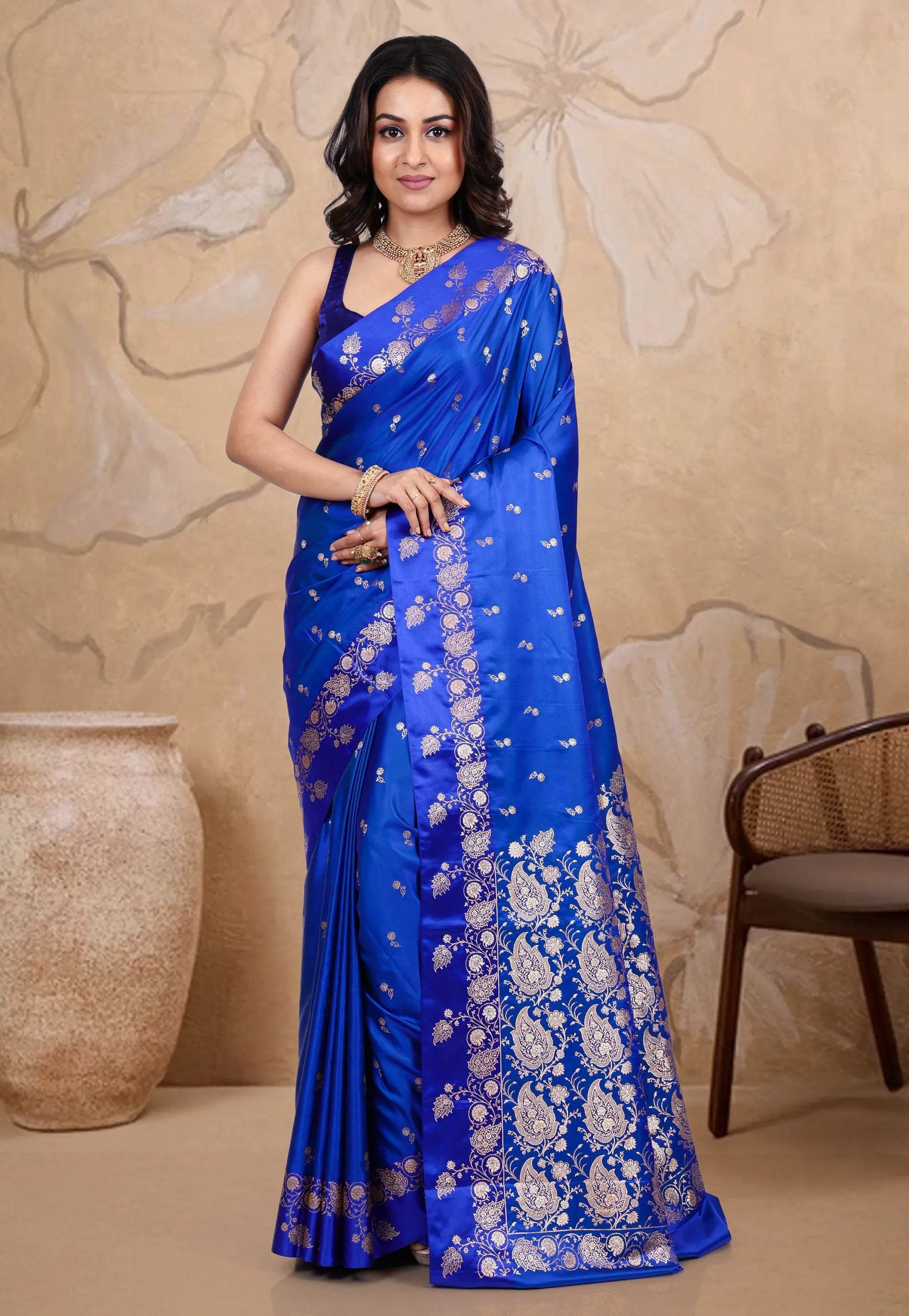 Royal Blue Mashru Silk Saree with Blouse Piece - Adi Akshoy & co.