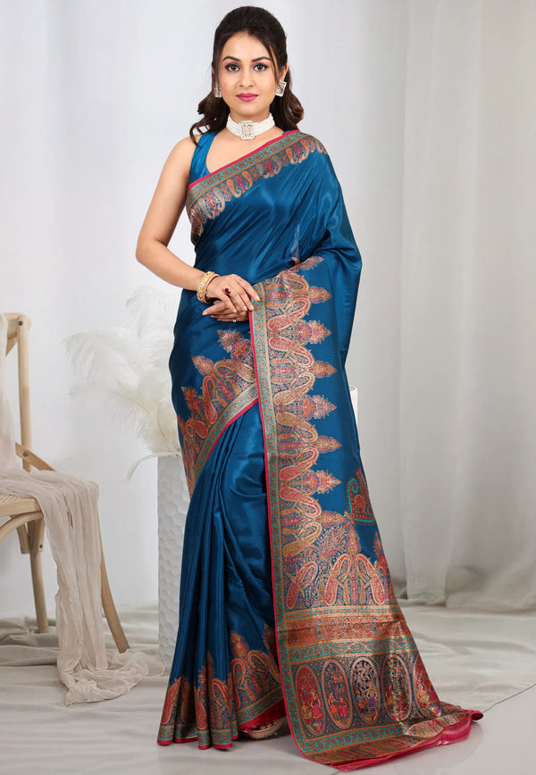 Peacock Blue Kani Silk Saree With Blouse Piece - Adi Akshoy & co.