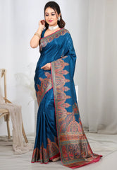 Peacock Blue Kani Silk Saree With Blouse Piece - Adi Akshoy & co.