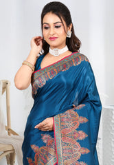 Peacock Blue Kani Silk Saree With Blouse Piece - Adi Akshoy & co.
