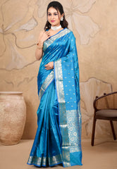 Turquoise Blue Pure Katan Silk Saree With Blouse Piece - Adi Akshoy & co.