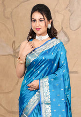 Turquoise Blue Pure Katan Silk Saree With Blouse Piece - Adi Akshoy & co.