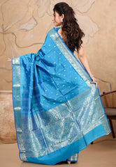 Turquoise Blue Pure Katan Silk Saree With Blouse Piece - Adi Akshoy & co.