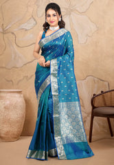 Turquoise Blue Pure Katan Silk Saree With Blouse Piece - Adi Akshoy & co.
