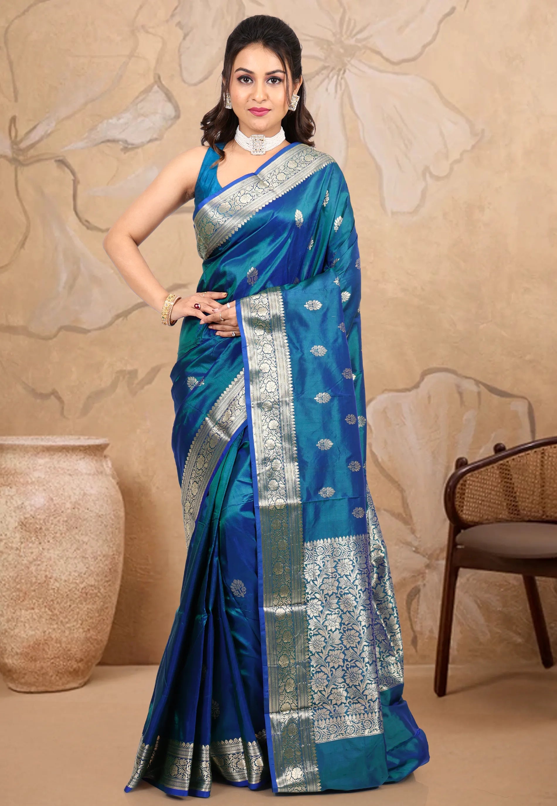 Turquoise Blue Pure Katan Silk Saree With Blouse Piece - Adi Akshoy & co.