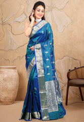 Turquoise Blue Pure Katan Silk Saree With Blouse Piece - Adi Akshoy & co.
