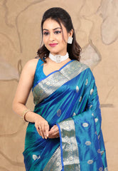 Turquoise Blue Pure Katan Silk Saree With Blouse Piece - Adi Akshoy & co.
