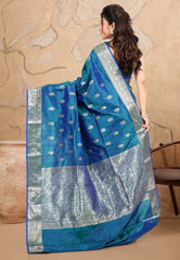 Turquoise Blue Pure Katan Silk Saree With Blouse Piece - Adi Akshoy & co.