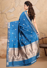 Turquoise Blue Pure Katan Silk Saree With Blouse Piece - Adi Akshoy & co.