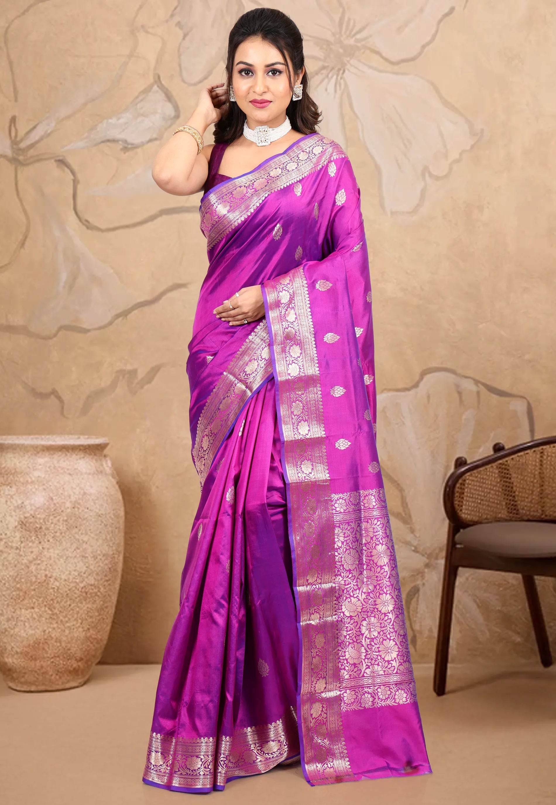 Cross Colour of Magenta & Purple Pure Katan Silk Saree with Blouse Piece - Adi Akshoy & co.