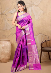 Cross Colour of Magenta & Purple Pure Katan Silk Saree with Blouse Piece - Adi Akshoy & co.