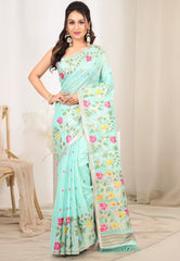 Sea Green Tussar Silk Saree With Blouse Piece - Adi Akshoy & co.