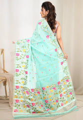 Sea Green Tussar Silk Saree With Blouse Piece - Adi Akshoy & co.