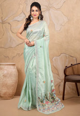 Sea Green Crush Tissue Kantha Saree With Blouse Piece - Adi Akshoy & co.