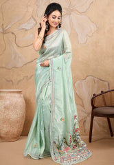 Sea Green Crush Tissue Kantha Saree With Blouse Piece - Adi Akshoy & co.