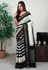 Ivory with Black Border Ikkat Saree With Blouse Piece