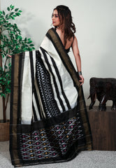 Ivory with Black Border Ikkat Saree With Blouse Piece