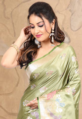 Light Olive Green Mashru Silk Saree with Blouse Piece - Adi Akshoy & co.