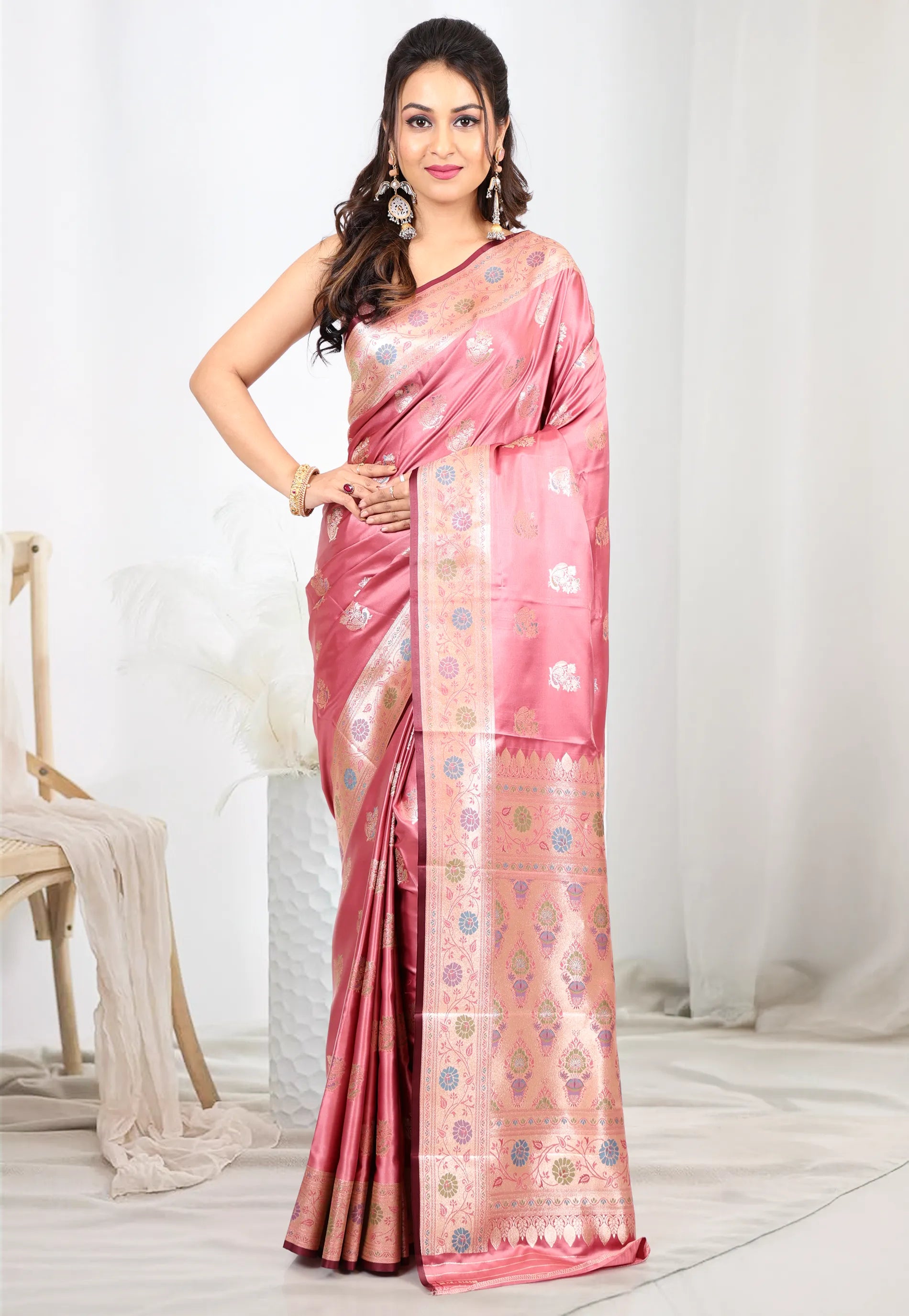 Onion Pink Mashru Silk Saree with Blouse Piece - Adi Akshoy & co.