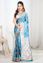 Sea Blue Mashru Silk Saree with Blouse Piece - Adi Akshoy & co.