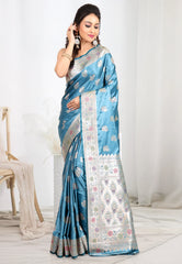 Sea Blue Mashru Silk Saree with Blouse Piece - Adi Akshoy & co.