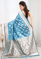 Sea Blue Mashru Silk Saree with Blouse Piece - Adi Akshoy & co.