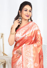 Coral Peach Tissue Silk Saree with Blouse Piece