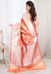 Coral Peach Tissue Silk Saree with Blouse Piece