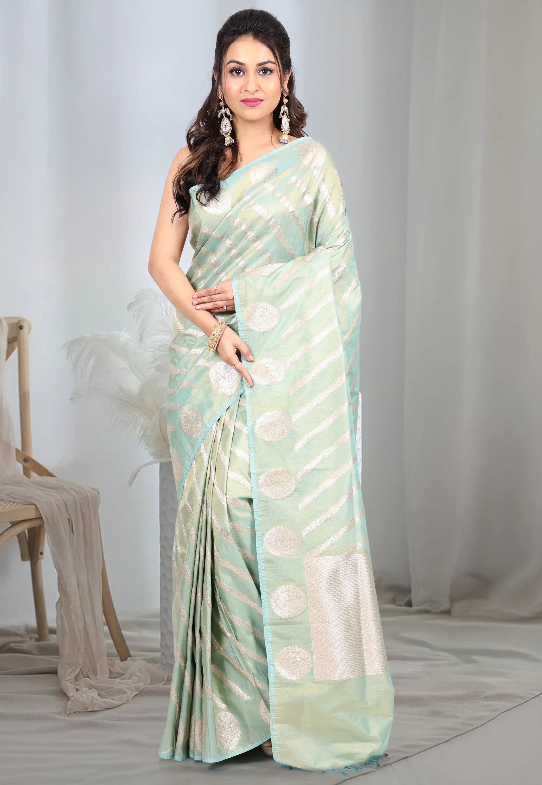 Sky Blue Tissue Silk Saree with Blouse Piece - Adi Akshoy & co.