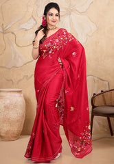 Red Kantha Saree With Blouse Piece - Adi Akshoy & co.