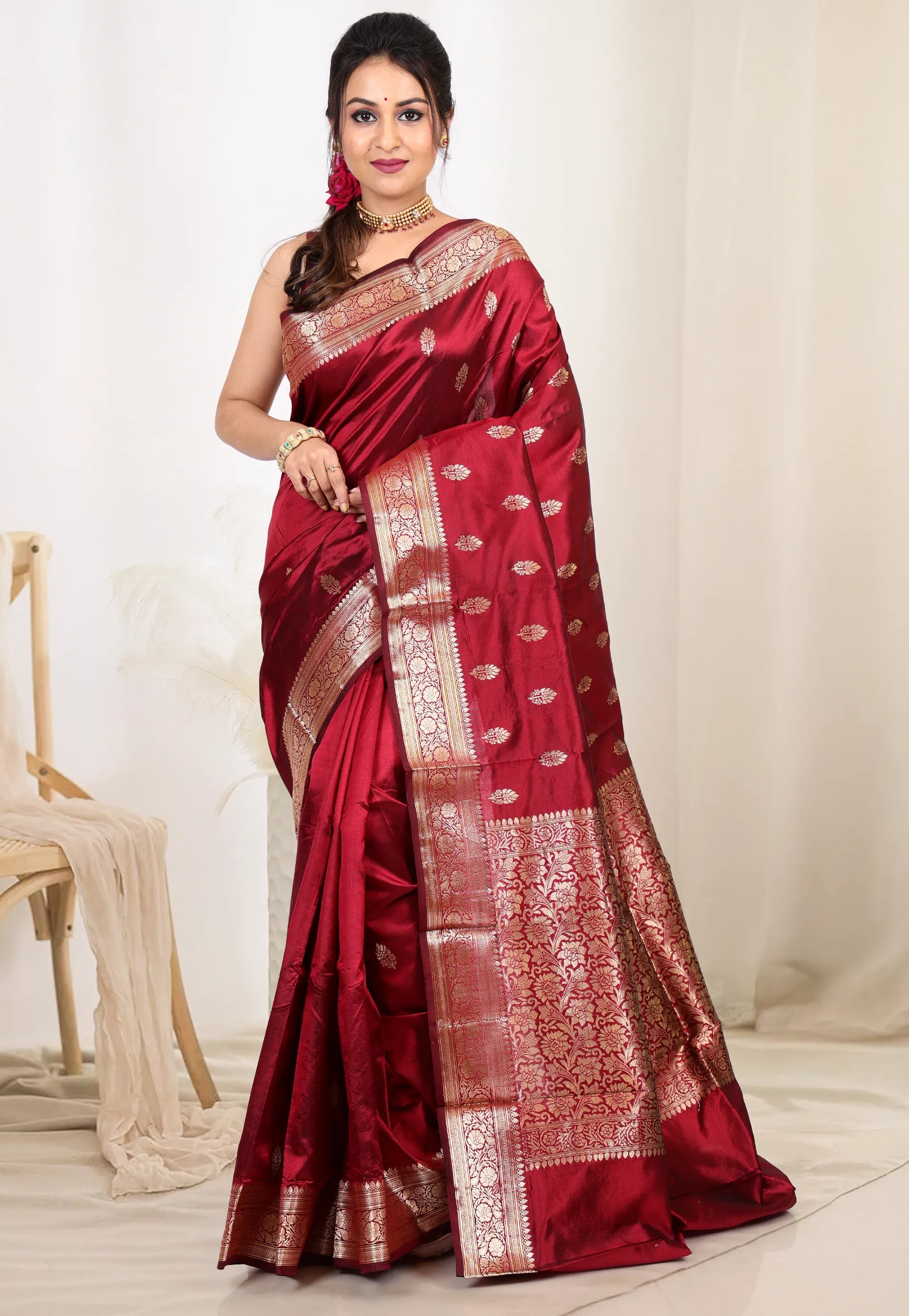 Maroon Pure Katan Silk Saree with Blouse Piece - Adi Akshoy & co.