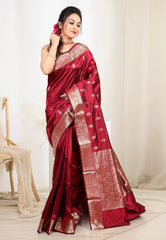 Maroon Pure Katan Silk Saree with Blouse Piece - Adi Akshoy & co.