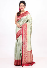 Sage Green Pure Tussar Silk Saree with Blouse Piece - Adi Akshoy & co.
