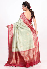 Sage Green Pure Tussar Silk Saree with Blouse Piece - Adi Akshoy & co.