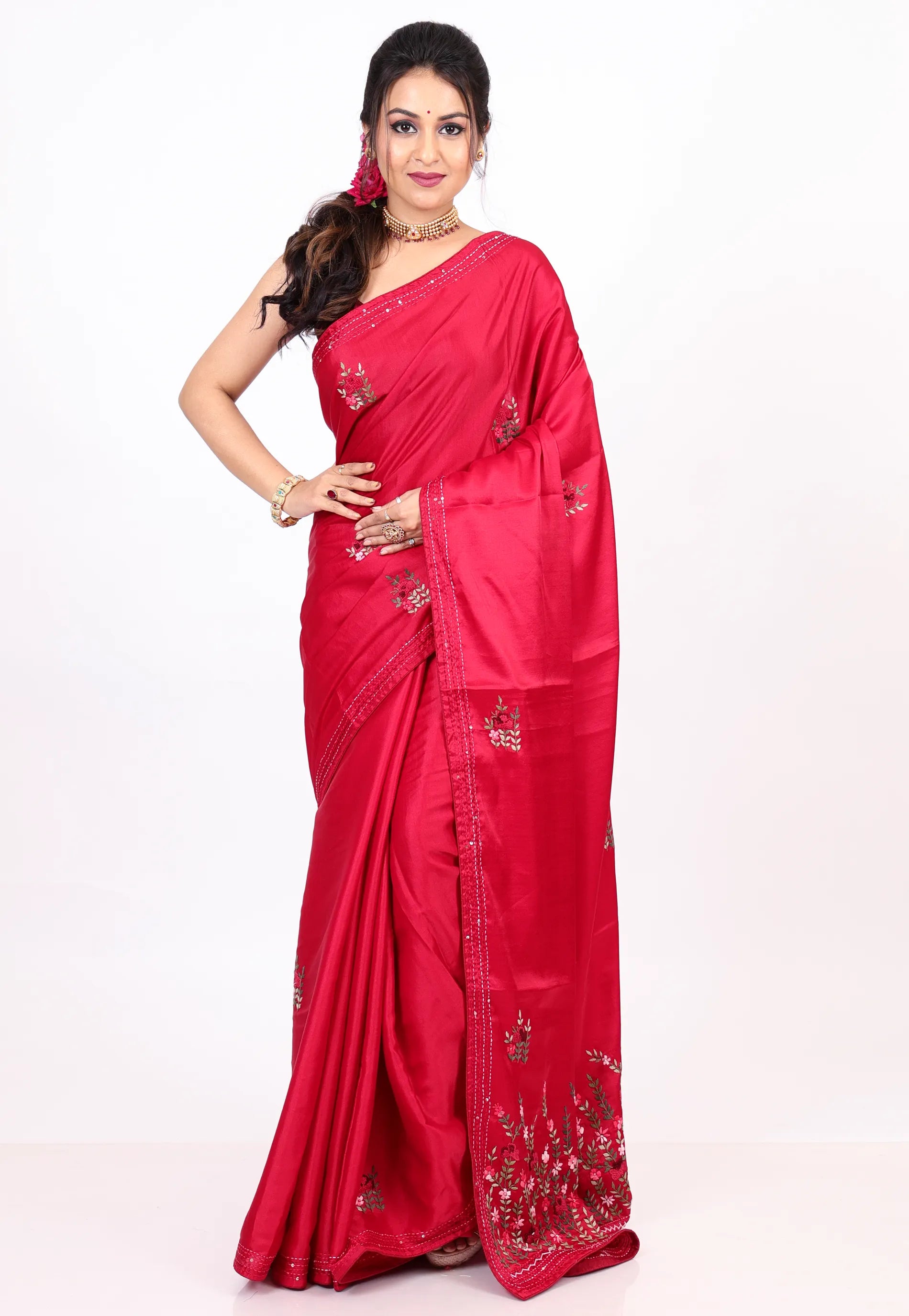 Red Kantha Silk Saree With Blouse Piece - Adi Akshoy & co.